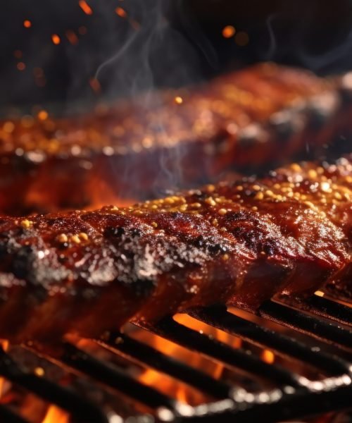 Smoky ribs sizzle over  open flame on  grill.